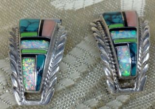 Vtg Zuni Native American Navajo Vy Watch Band Tips Silver Opal Turquoise Inlay