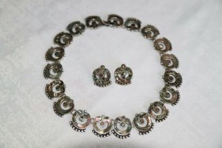 Vintage Taxco Sterling & Abalone Mop Necklace & Earring Set - Signed Ls Artist