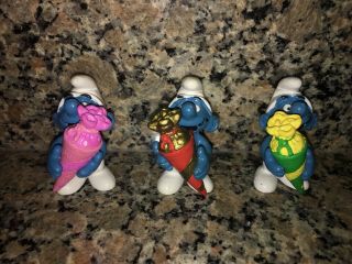 Vintage Smurf Surprise Bag Rare Green/yellow,  Red/gold And Pink Cone Pvc Figure