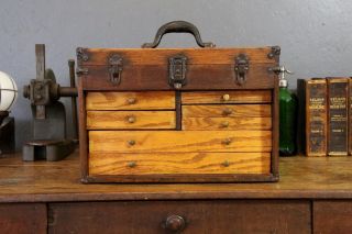 Antique 7 Drawer Vintage Machinist Wood Wooden Oak Tool Box & Mirror Jewelry Etc