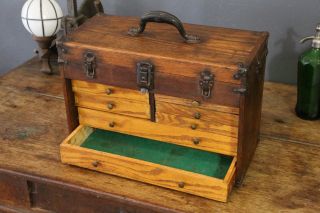 Antique 7 Drawer Vintage Machinist Wood Wooden Oak Tool Box & Mirror Jewelry etc 3