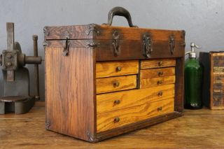 Antique 7 Drawer Vintage Machinist Wood Wooden Oak Tool Box & Mirror Jewelry etc 4