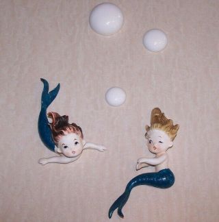 2 Vintage Lefton Mermaids W 3 Bubbles Bathroom Wall Set/kowa Toki Japan Kw60153