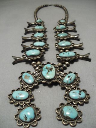 Huge Vintage Navajo Turquoise Sterling Silver Squash Blossom Necklace Old