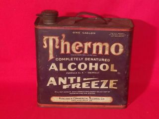 Antique Vintage Thermo Alcohol Antifreeze One Gallon Motor Metal Oil Can