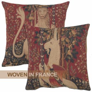 French Tapestry Throw Pillow Cover 18x18 Unicorn Lion Red Woven Jacquard Art