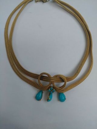 Vintage 1960 Christian Dior Gold Tone Mesh Necklace W/ Faux Turquoise Dangles