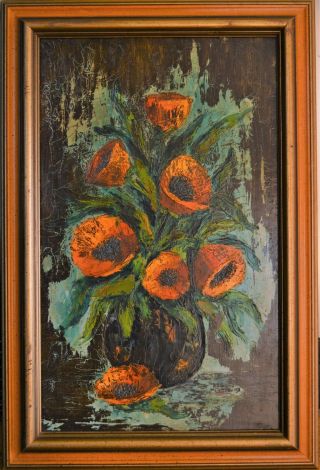 Vintage Oil Painting On Board Poppy Flowers In Vase Framed Signed