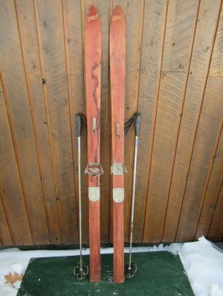 Vintage Hickory Wooden 65 " Skis Has Blond Wood Finish