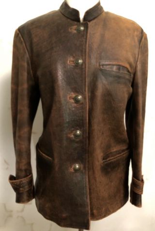 Vtg J.  Peterman Co.  Women’s Brown Cognac Leather Jacket Coat Warm Distressed S