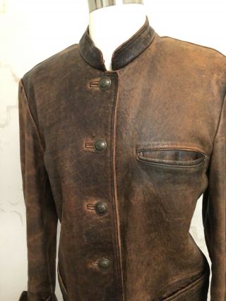 Vtg J.  Peterman Co.  Women’s Brown Cognac Leather Jacket Coat Warm Distressed S 2