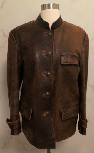 Vtg J.  Peterman Co.  Women’s Brown Cognac Leather Jacket Coat Warm Distressed S 5