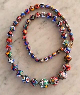 Vintage Murano Glass Millefiori Graduated Bead Necklace 14 K Gf Clasp 23 Inches