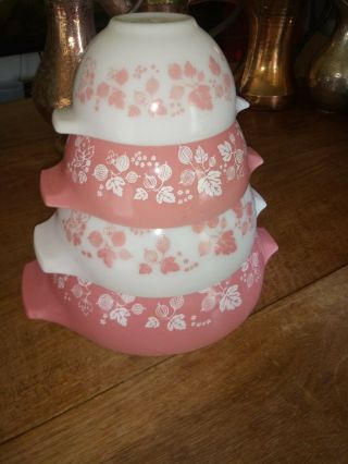 Vintage Pyrex Pink Gooseberry Cinderella Nesting Mixing Bowls 444,  443,  442,  441