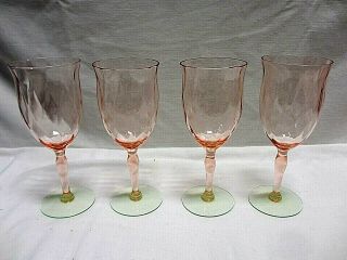 4 Wine Glasses Watermelon Vtg Pink & Green Diamond Optic Elegant Ct A