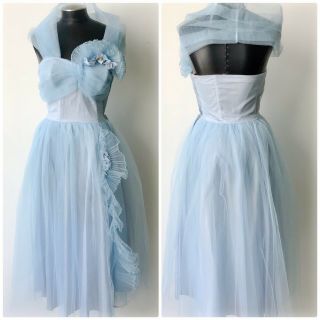 Vintage 1950s Frilly Prom Dress Strapless Pale Blue Flowers Tulle Ruffles Small