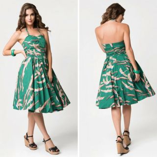 Unique Vintage Alfred Shaheen Crane Green Pin Up Circle Hawaiian Dress Small Nwt