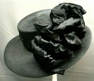 Antique Victorian - Edwardian Gibson Girl Black Straw Hat Large Wide Brim