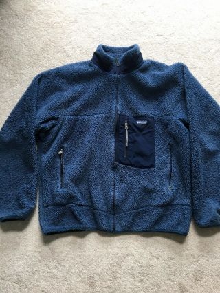 Vtg 90s Rare Patagonia Men Classic Deep Pile Blue Fleece Jacket Size Xl Read