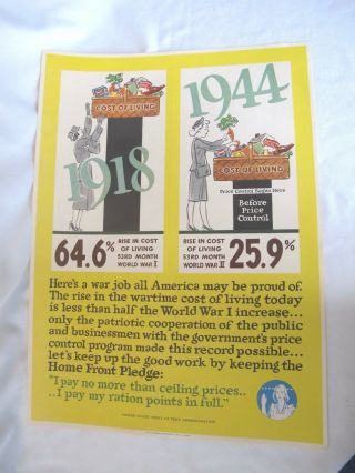 Vintage Wwii Poster Cost Of Living 20 X 14 "