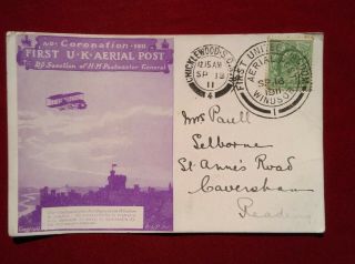 Gb First Uk Aerial Post - Rare George V 1911 Cover
