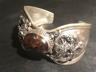 Vintage Native American Sterling Silver Cuff Bracelet Baltic Amber Gemstone