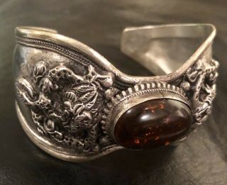 Vintage Native American Sterling Silver Cuff Bracelet Baltic Amber Gemstone 2