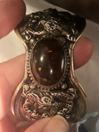 Vintage Native American Sterling Silver Cuff Bracelet Baltic Amber Gemstone 4