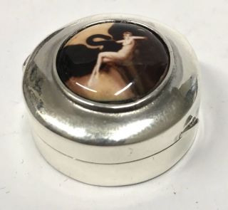 Solid Silver Vintage Antique Style Pill Box With Erotica Nude Enamel Lady 925