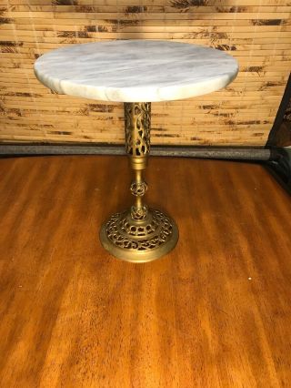 Vintage Small Round Marble Top Table With Rococo Brass Pedestal Plant Stand 18”