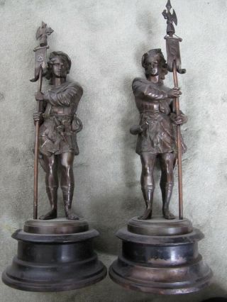 Antique Spelter French Soldier Statues.  Pair,  Clock Statues.  Spelter Sculptures