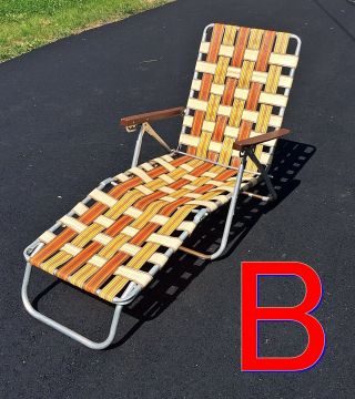 Vintage Chaise Lounge Webbed Aluminum Chair Folding Lawn Reclining Patio Camp B