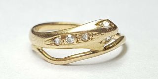 Antique 18k Yellow Gold Snake Ring With 5 Diamonds
