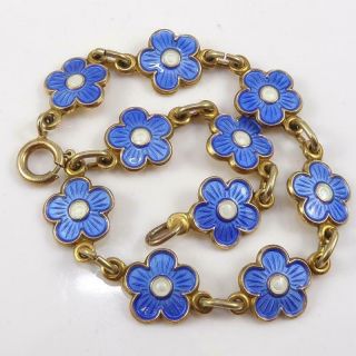 Vtg Norway Opro Sterling Silver Blue Enamel Flower Chain Bracelet 7 " Lfe3