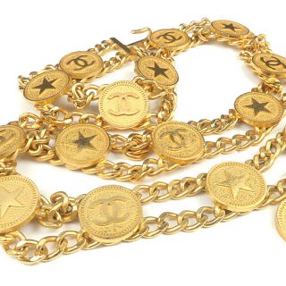 Authentic CHANEL CoCo Mark Star Charm Vintage Chain Belt Gold 01P F/S 9