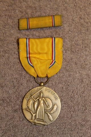 Early Ww2 (u.  S. ) American Defense Medal W/ribbon (pb) & Ribbon Bar