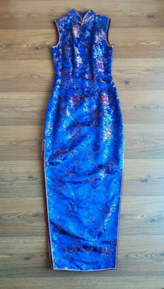 Stunning Vintage Retro Blue Asian Cheongsam Full Length Lined Dress Size Uk 8