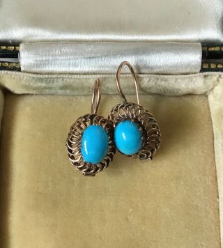9ct 9k Rose Gold Persian Turquoise Antique Art Deco / Nouveau Earrings