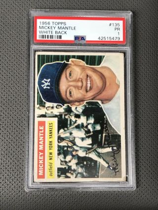 1956 Topps Mickey Mantle Psa 1 White Back Vintage Baseball Card Yankees