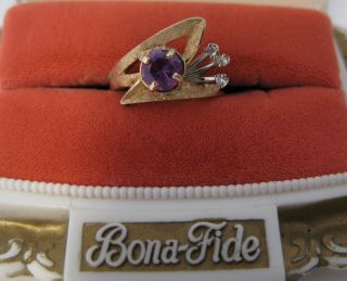Vintage 1960s Space Age 10k Solid Gold Women Ring Purple Stone Pc Wear Not Scrap