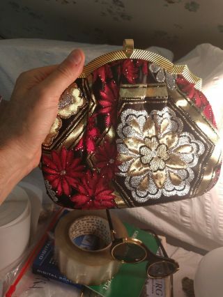Authentic Judith Leiber Vintage Red Gold Floral Purse,  Some Stone Loss,  Estate
