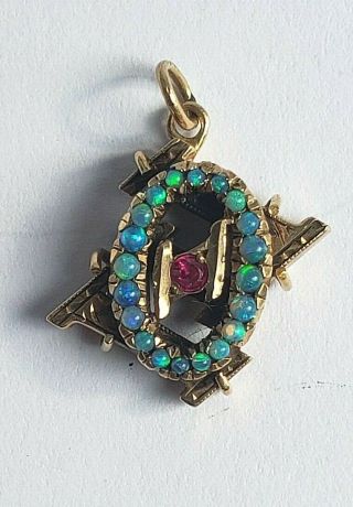 Antique 14k Solid Gold " Theta Xi " Sorority Pendant / Pin.  Opal / Ruby.  Not Scrap