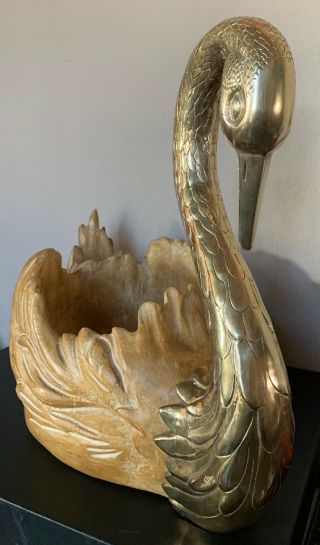 Vintage Hollywood Regency Chapman Brass & Wood Composition Swan Centerpiece Bowl