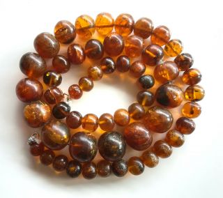 Antique Vintage Natural Baltic Honey Cognac Semi Round Amber Beads Necklace 47gr