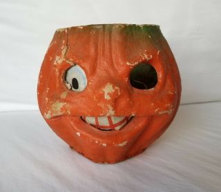 Rare Vintage Halloween Paper Mache 5” Jack O Lantern Pumpkin W/ Litho Face