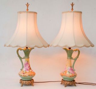 Pair Antique Vintage Porcelain Ewer Pitcher Style Hand Painted Table Lamps 24 " T