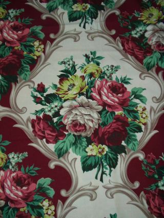 Vintage Shabby Cottage Chic Barkcloth Roses Cotton Old Stock Fabric 3 Yds