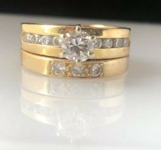 Vintage 14k Gold Diamond Solitaire Engagement Ring Wedding Band Set