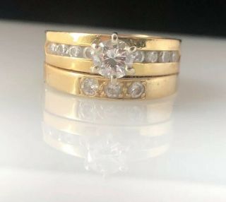 Vintage 14K Gold Diamond Solitaire Engagement Ring Wedding Band Set 3
