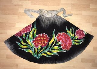 Vintage Maya De Mexico Mexican Full Circle Skirt Hand Painted Silk Red Flowers